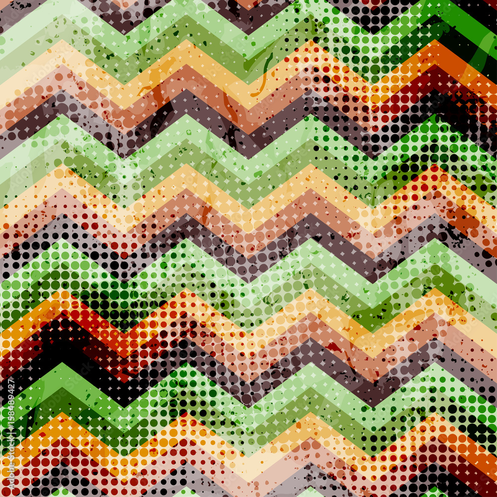 Poster vector chevron pattern. scratched zig zag background and halftone dots.