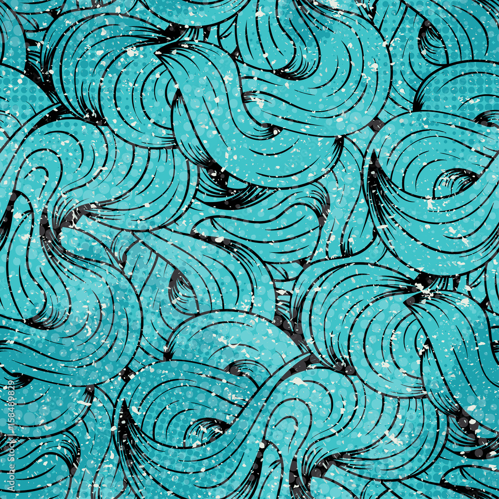 Poster seamless pattern in grunge style with doodle sea waves with scribbles, cracks and halftone dots