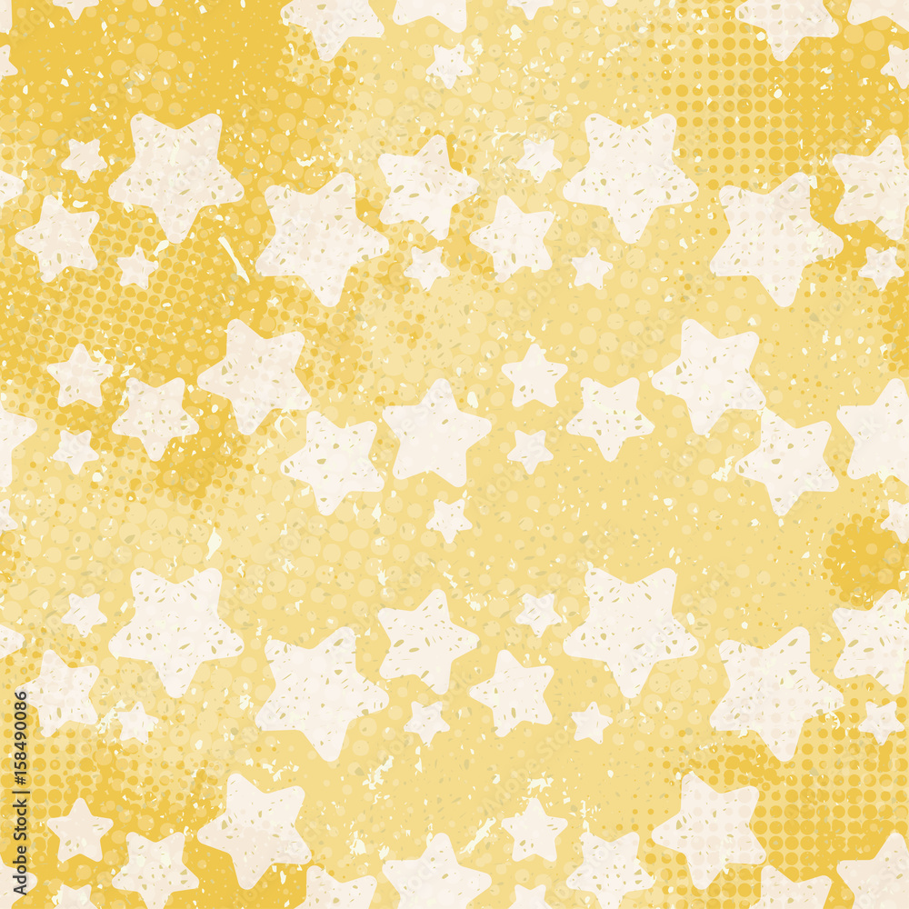 Poster vector vintage seamless pattern. background with stars with halftone dits in grunge style