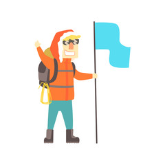 Fototapeta premium Smiling climber man in sunglasses with backpack and blue flag, colorful character vector Illustration