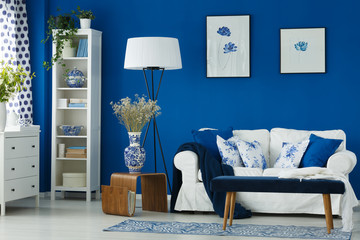 Living room with blue walls