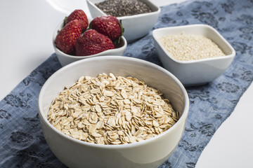 Oatmeal,strawberries and Chia seeds.Healthy Breakfast.Copy space.selective focus.