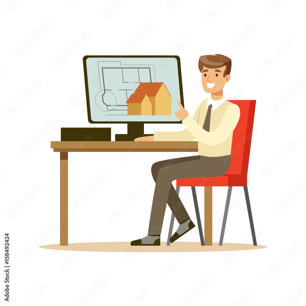 Poster young smiling architect working on his project using computer, colorful character vector illustratio