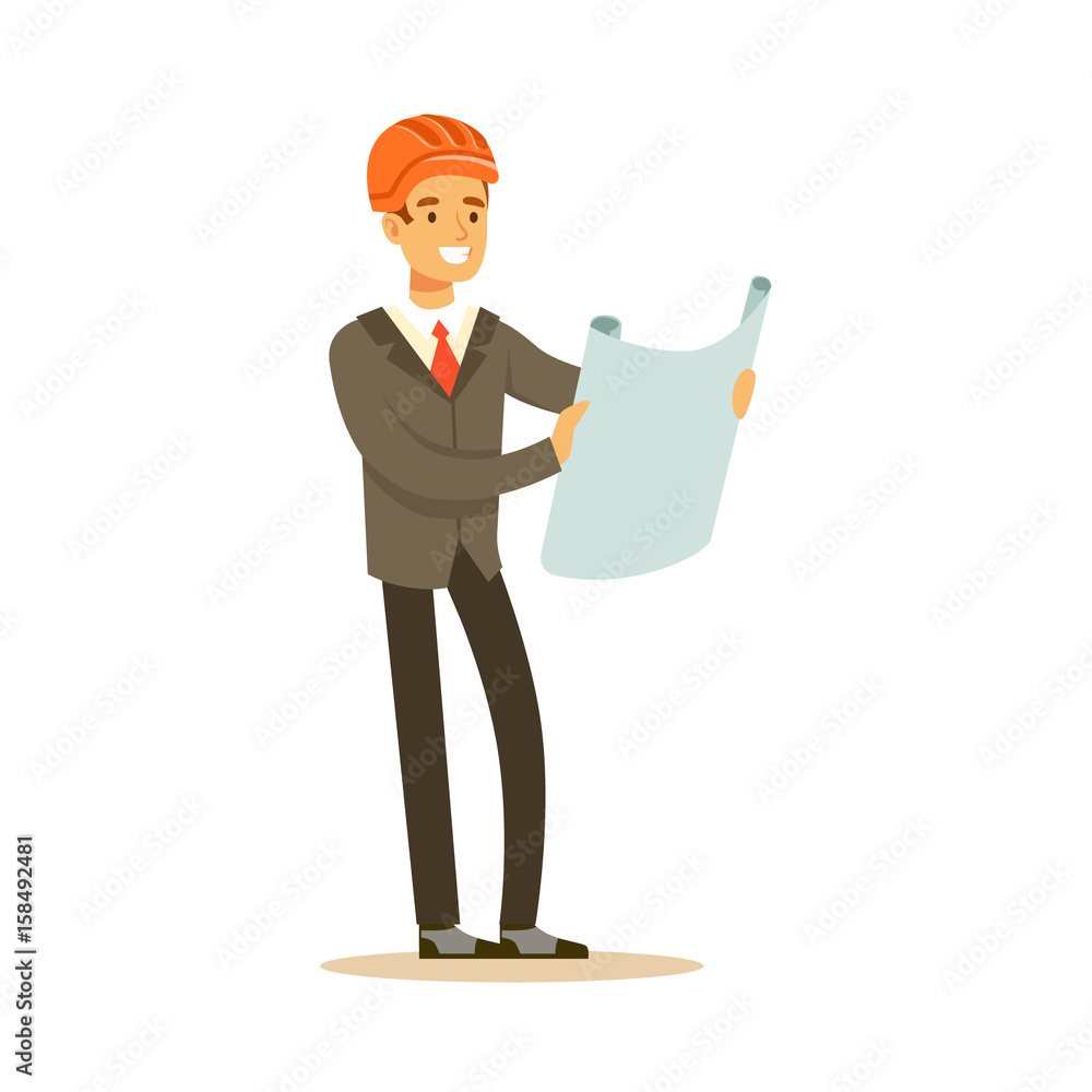 Poster smiling architect in orange helmet holding projects blueprint colorful character vector illustration
