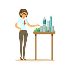 Young architect woman presenting model of city buildings, colorful character vector Illustration