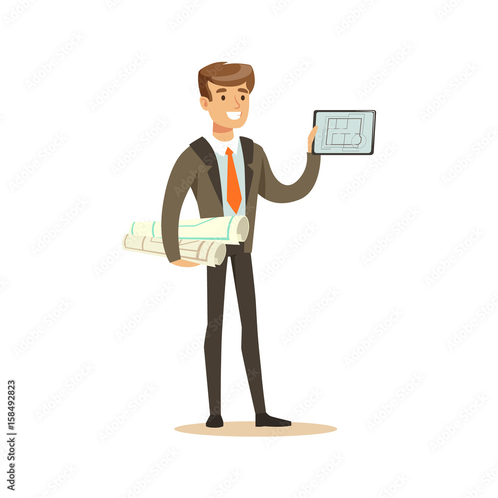 Poster young smiling architect standing and holding projects blueprints rolls and tablet with his project, 