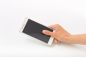 Female hands on a white background with a phone.