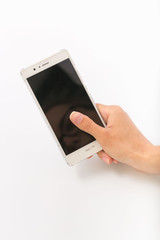 Female hands on a white background with a phone.