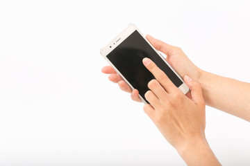 Female hands on a white background with a phone.