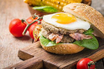 Homemmade Bacon Hamburger with fried Egg