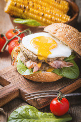 Homemmade Bacon Hamburger with fried Egg