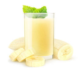 Isolated drink. Banana smoothie and peeled sliced fruit isolated on white background with clipping path © ChaoticDesignStudio