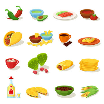 Mexican food traditional menu icon set