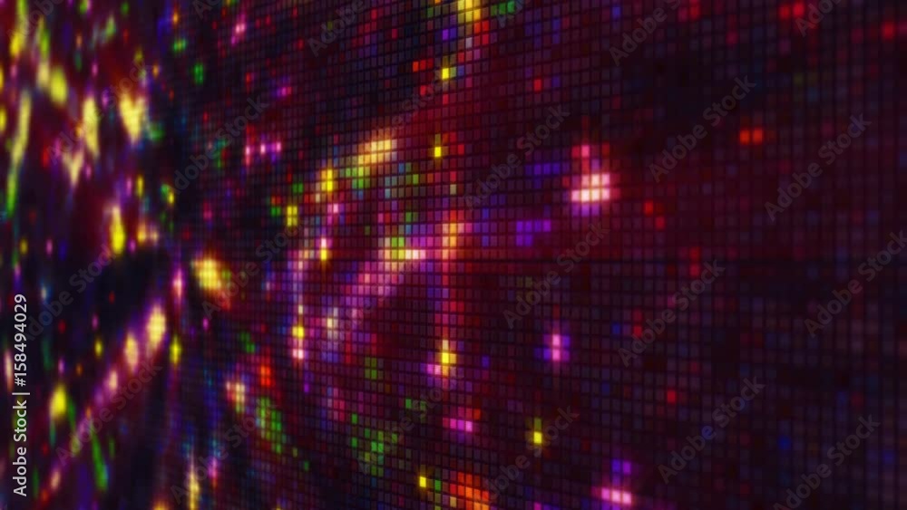 Poster fireworks on pixelated led panel. abstract motion background. computer generated seamless loop anima
