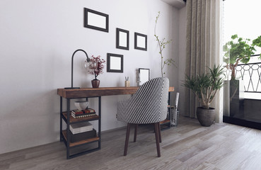 Scandinavian hipster interior with wooden desk