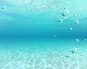 Underwater background. Blue sea water and bubbles - obrazy, fototapety, plakaty