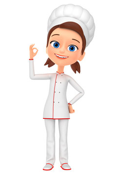 3d rendered. Chef girl isolated on white background showing okay.