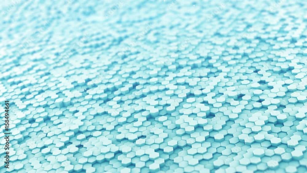 Poster lots of blue hexagons. modern 3d render smooth animation with shallow depth of field. seamless loop 