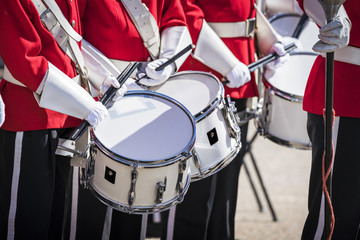 Soldiers on a row with drums and drumsticks