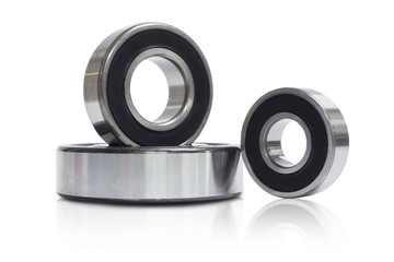Detailed bearings set production isolated on white background, ball type of bearing with dust sealed and free maintenance, radials support and lubrication system.