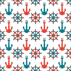 Abstract seamless background pattern with anchors and steering wheel. Vector illustration. Stylish graphic texture for design, wallpaper. Nautical seamless sea pattern. Cute marine background.