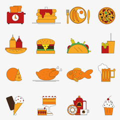 Trendy color flat food products icon set. European lunch. Vector illustration. Design elements dishes collection. artoon style fast food. Cafe. Sandwich. Snack. Nosh. Simple. Hamburger.