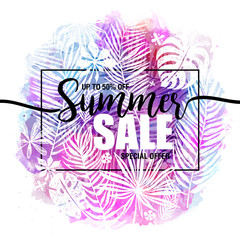 poster summer sale on a trendy tropical watercolor background, exotic palm trees. Card, label, flyer, banner design element. Vector illustration