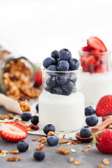 Delicious plain yogurt with fresh blueberry and strawberry in a glass jars