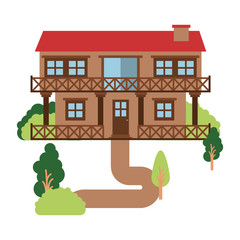 white background with natural landscape country house of two floors with railing vector illustration