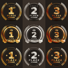 1st, 2nd, 3rd place gold colored logo's. Vector illustration.