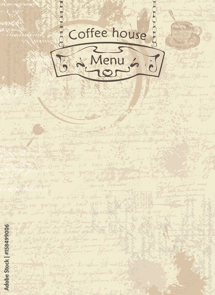 Poster vector menu for coffee house. abstract background with texture of the manuscript and stains from cup