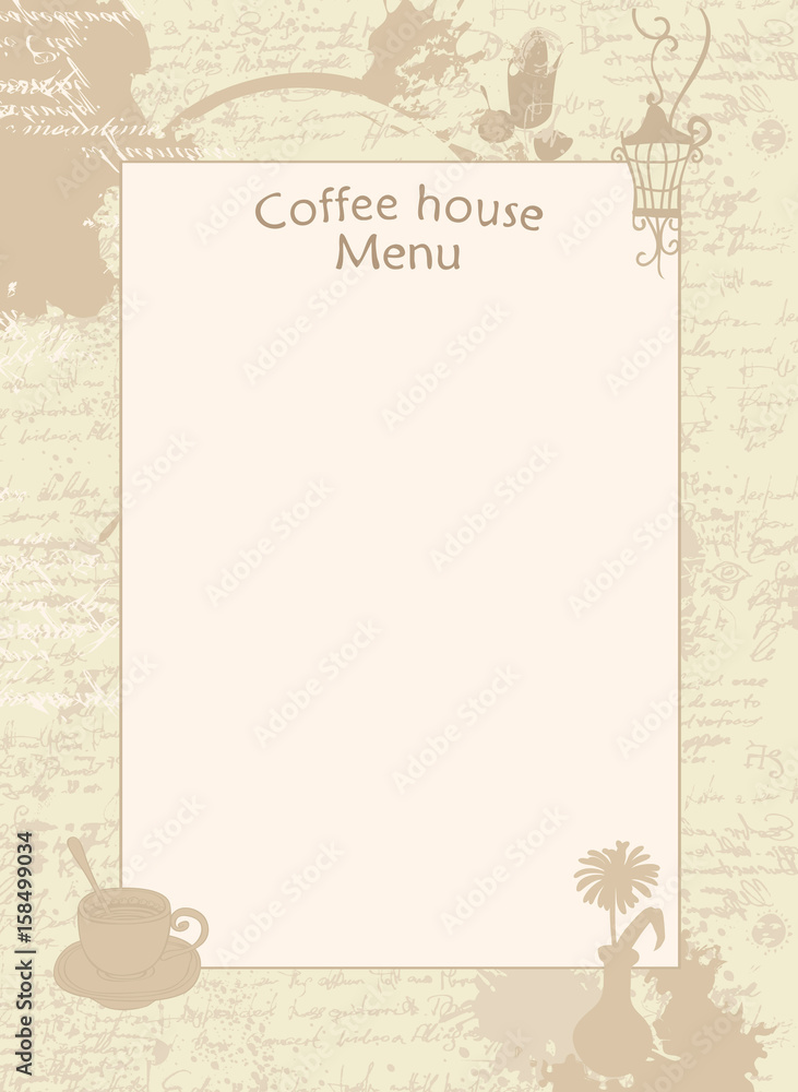 Poster vector menu for coffee house with cup, vase and lantern. blank on the background with texture of the