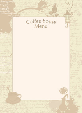 Vector menu for coffee house with cup, vase and lantern. Blank on the background with texture of the manuscript and stains from cups