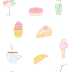 Vector seamless pattern with color hand drawn sweets. Ice cream in waffle cones with different flavours, tea, coffee, juice, lemonade,  cupcake, cake, croissant. EPS10 with clipping mask.