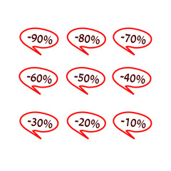 Set of special offer sale red tags. Isolated discount offer price label, vector symbol for advertising campaign in retail, sale promo marketing, 10-90% off discount sticker, ad offer on shopping day