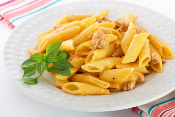 Pasta Bolognese with meat and Basil on a white plate