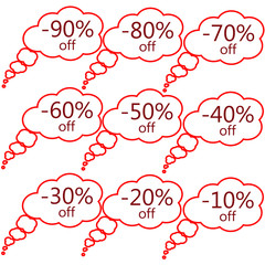 Set of special offer sale tags. Isolated discount offer price label, vector symbol for advertising campaign in retail, sale promo marketing, 10-90% off discount sticker, ad offer on shopping day