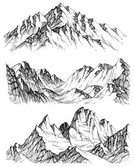 Fototapeta na wymiar Mountains vector set. Hand drawn rocky peaks