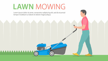 Man mowing the lawn with blue lawn mower
