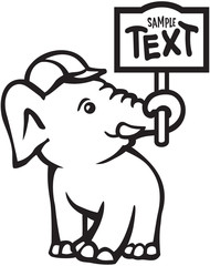 Elephant holding a plate with text or logo, simple sign or icon