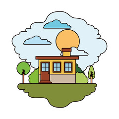 white background with colorful scene of natural landscape and small house facade with chimney in sunny day vector illustration