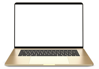 Laptop with blank screen isolated on white background, white aluminium body.Whole in focus. High detailed.