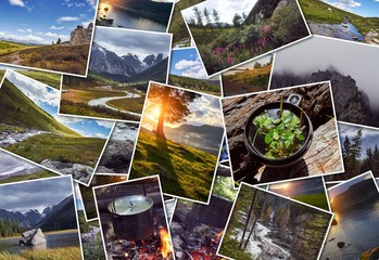 Collage wild nature of Altai. Mountains, valleys, rivers, lakes, snowy peaks, green meadows....