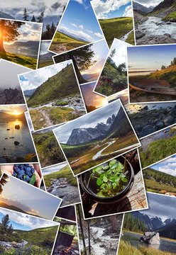 Collage wild nature of Altai. Mountains, valleys, rivers, lakes, snowy peaks, green meadows. Journey through the Altai collage. Survival in the wild, a collage of photos