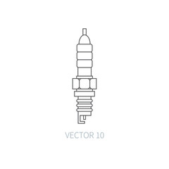 Line flat vector icon car repair part sparking-plug. Internal combustion engine elements. Industrial. Cartoon style. Illustration and element for your design. Monochrome. Auto service. Maintenance.