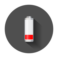 Low level battery charge level indicator. Vector illustration with long shadow.