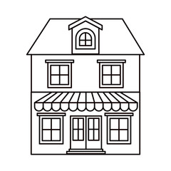 monochrome silhouette of house with two floors with attic and awning vector illustration