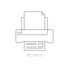 Flat line vector computer part icon - printer. Cartoon style. Illustration and element for your design. Simple. Monochrome. Pc collection. IT. Electronic computing systems. Server. Data. Chip. Ink.