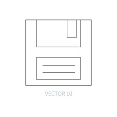 Flat line vector computer part icon - floppy disk. Cartoon style. Illustration and element for your design. Simple. Monochrome. Pc collection. IT. Electronic computing systems. Retro. Data. Chip.
