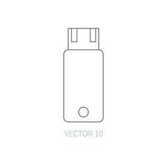 Flat line vector computer part icon - flash drive. Cartoon style. Illustration and element for your design. Simple. Monochrome. Pc collection. IT. Electronic computing systems. Portable. Data. Chip.